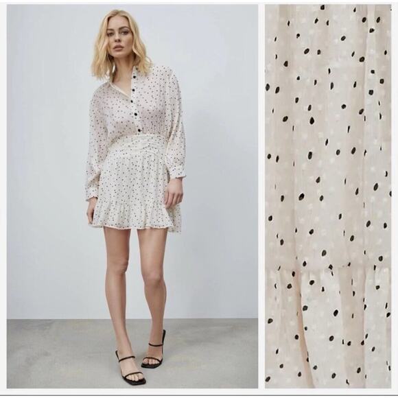 Zara Cream Black Dotted Swiss Long Sleeve 1/2 Button Collared Ruffle Hem Dress - Picture 2 of 14